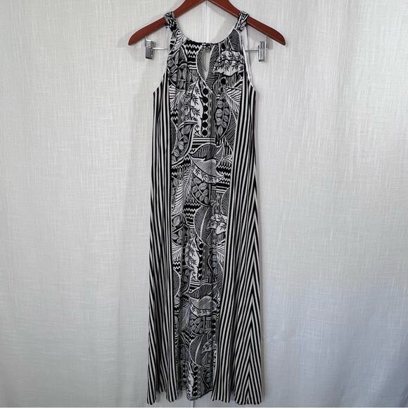 Chicos Tropical Print Flattering Stripes Halter Keyhole Tie Neck Maxi Dress 0P - Picture 3 of 15